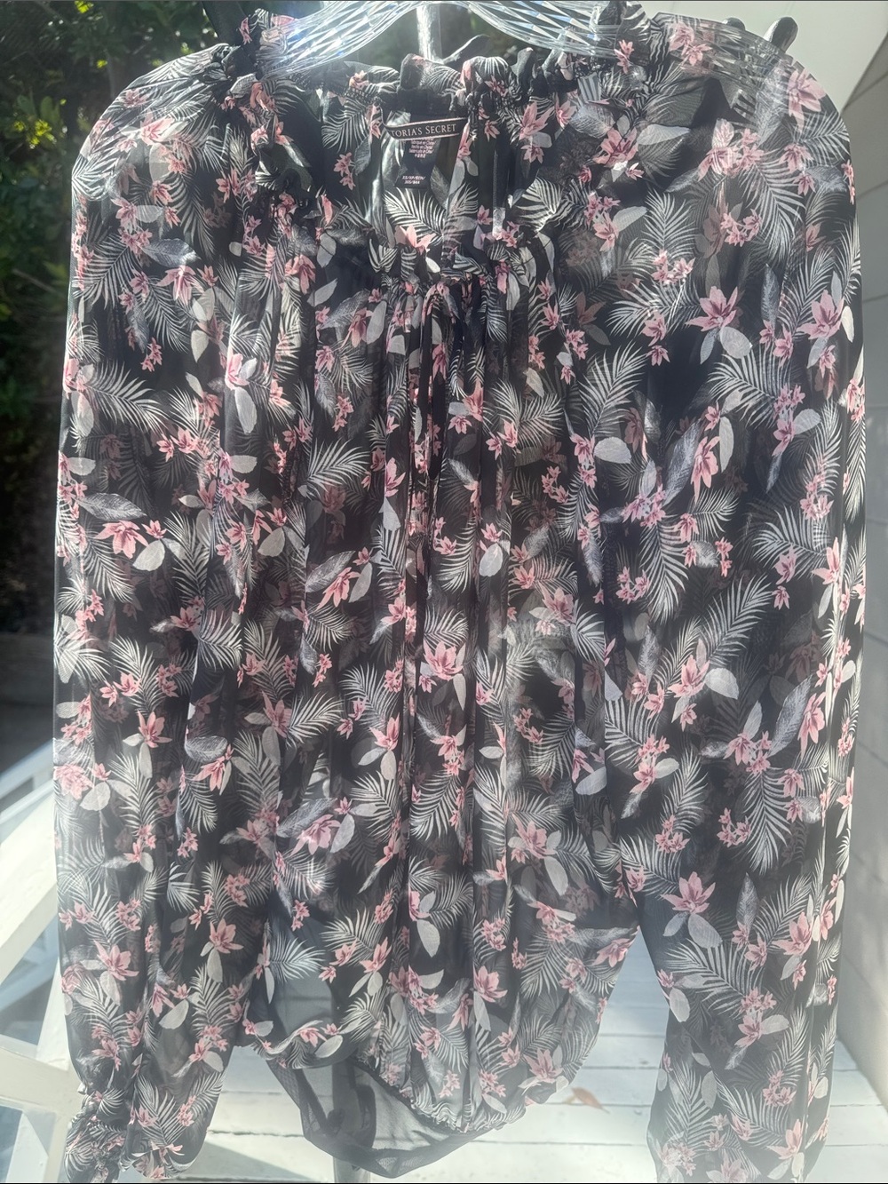Victoria's Secret Black Sheer Blouse with Pink Floral Print